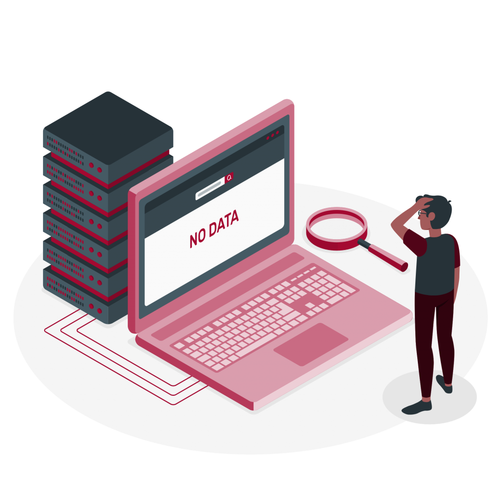 Ein Laptop mit dem Text 'Keine Daten' auf dem Bildschirm, daneben ein Stapel Server und eine Lupe.