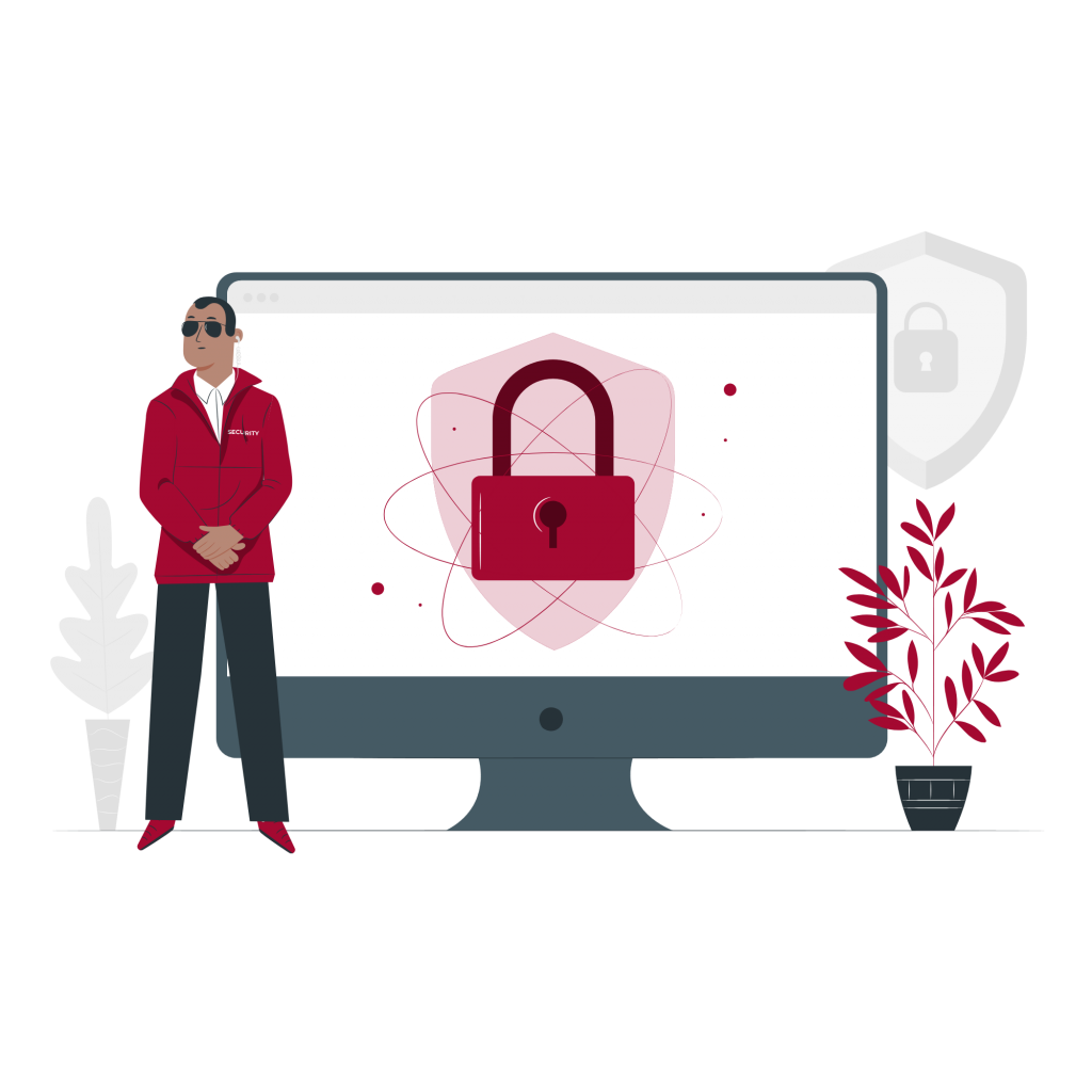Illustration eines Wachmanns neben einem Computerbildschirm mit einem Schloss-Symbol.