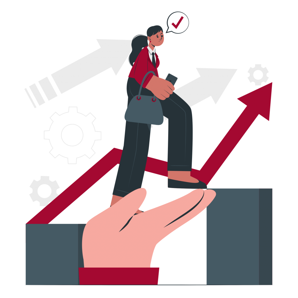 Frau wird von Hand gestützt und steigt auf einem Wachstumspfeil nach oben – Symbol für Karriereförderung und Erfolg