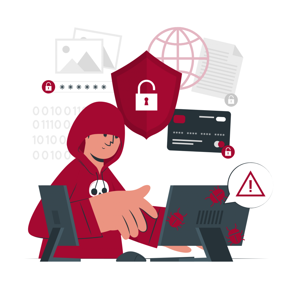 Hacker mit Kapuze an Computer, umgeben von Sicherheitswarnungen, Kreditkarte und Malware-Symbolen