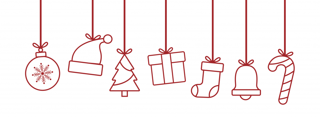 Horizontale Reihe minimalistischer Weihnachts-Icons (Weihnachtskugel, Mütze, Geschenk, Tannenbaum, Strumpf, Glocke, Zuckerstange) in Rot.