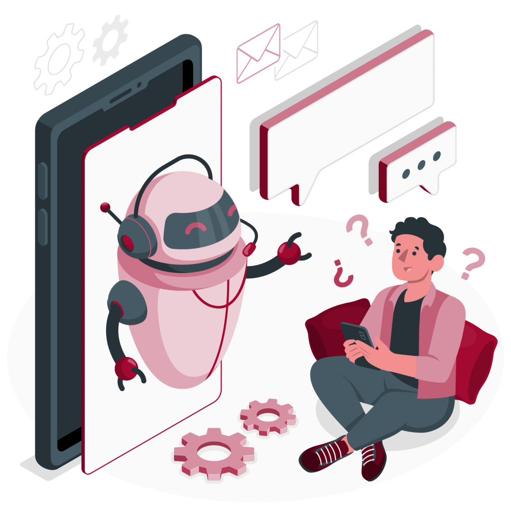 Chatbot erscheint aus Smartphone und hilft verwirrtem Nutzer mit Smartphone