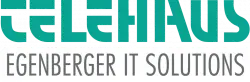 TeleHaus-Logo in Türkis: Schriftzug “TELEHAUS” in verspielter Großbuchstaben-Schrift, darunter “Egenberger IT Solutions GmbH” in Serifenfont und als Handschrift “…and it works!”.