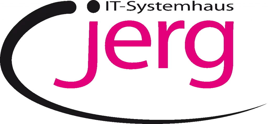 Jerg-Logo: Schwarzer, geschwungener Bogen umschließt den pinken Schriftzug „jerg“, daneben in Schwarz „IT-Systemhaus“.