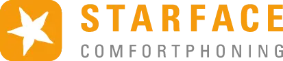 Gelbes Quadrat mit weißem Stern neben dem Schriftzug „STARFACE“ in Orange, darunter in Grau „COMFORTPHONING“.