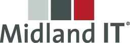 Midland IT-Logo: Drei nebeneinanderstehende Quadrate in Hellgrau, Dunkelgrau und Rot über dem Schriftzug „Midland IT“, darunter die Schlagwörter „Datensicherheit | Telekommunikation | Vernetzung“.