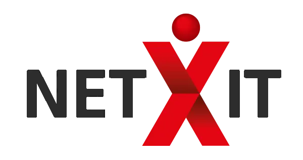 NET-X-IT-Logo: Der Schriftzug „NET“ und „IT“ in schwarzer Großbuchstaben-Schrift, dazwischen ein rotes „X“, das aus zwei schräg zueinanderstehenden Balken und einem Punkt oben gebildet ist.