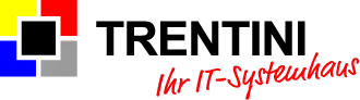 Buntes Quadrat-Icon in Gelb, Rot und Grautönen neben dem Schriftzug „TRENTINI“ in Schwarz und dem roten Untertitel „Ihr IT-Systemhaus“.