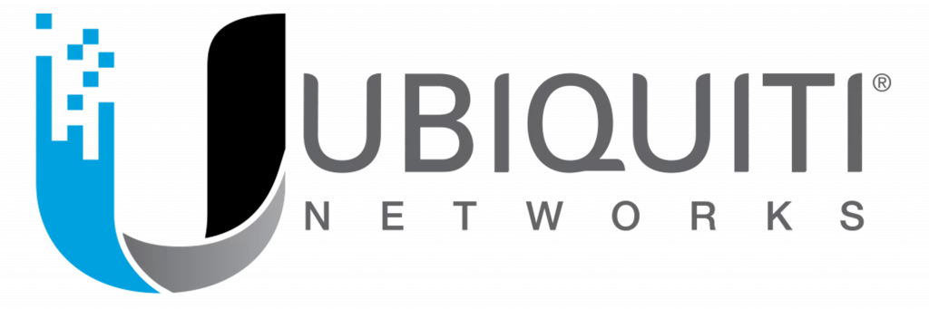 Ubiquiti-Logo: Stilisiertes „U“-Symbol in Schwarz und Hellblau über dem Schriftzug „UBIQUITI NETWORKS“ in Grau.