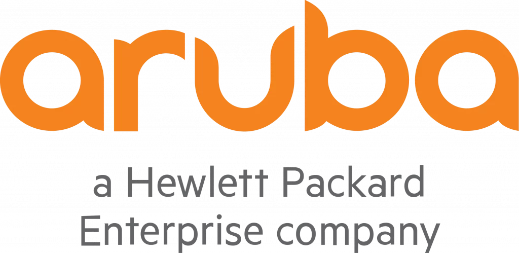 „Aruba“ in geschwungener, orangefarbener Schrift, darunter in Grau der Untertitel „a Hewlett Packard Enterprise company“.