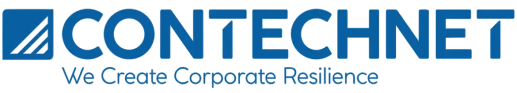 ConTechnet-Logo: Dunkelblauer Schriftzug „CONTECHNET“ neben einem stilisierten Quadrat-Icon mit diagonalem Streifen, darunter der Claim „We Create Corporate Resilience“ in Grau.