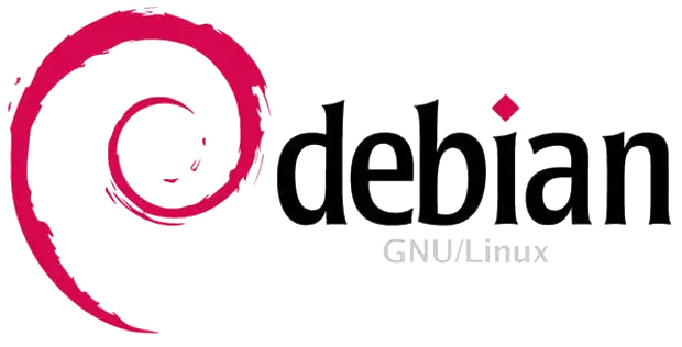 Debian-Logo: Roter, spiralförmiger Kreis („Swirl“) links neben dem Schriftzug „debian“ in Schwarz, darunter klein „GNU / Linux“.