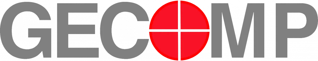 GECOMP-Logo in grauem Großbuchstaben-Schriftzug mit dem roten Zielscheiben-Symbol als „O“ und dem Untertitel „Computer Hard- & Software, Komplett-Lösungen“ in Grau.