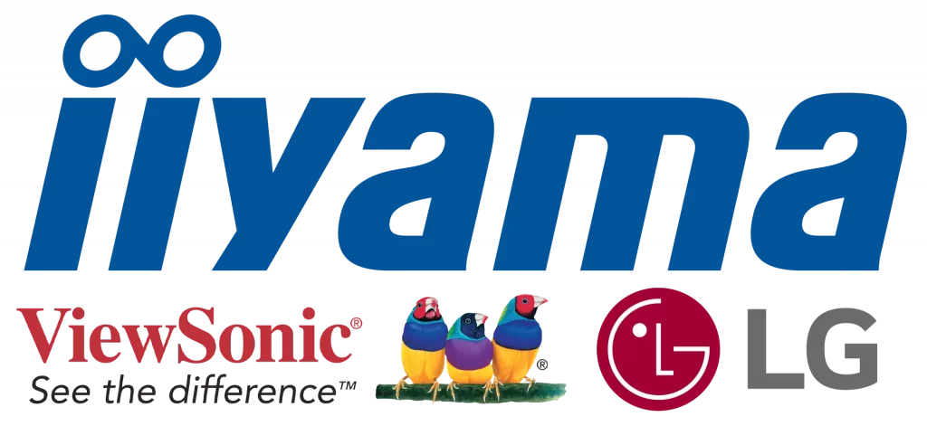 Blaues iiyama-Logo links, darunter in kleinerer Schrift die Logos von ViewSonic („Save the World“) und LG (rotes Kreis-Icon mit „LG“).