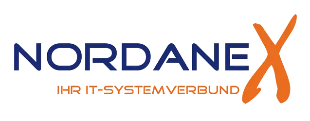 Nordanex-Logo: Moderner, blauer Schriftzug „NORDANE“ mit einem dynamischen orangefarbenen „X“, darunter der Claim „IHR IT-SYSTEMVERBUND“.