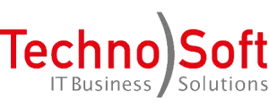 TechnoSoft-Logo: Schriftzug „Techno“ in Rot, gefolgt von einer grauen Klammer und dem roten Wort „Soft“, darunter in Grau „IT Business Solutions“.