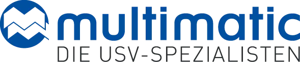 Multimatic-Logo: Blaues, kreisförmiges Symbol mit stilisiertem Blitz in Weiß links neben dem Schriftzug „multimatic“ in Blau, darunter der graue Claim „DIE USV-SPEZIALISTEN“.