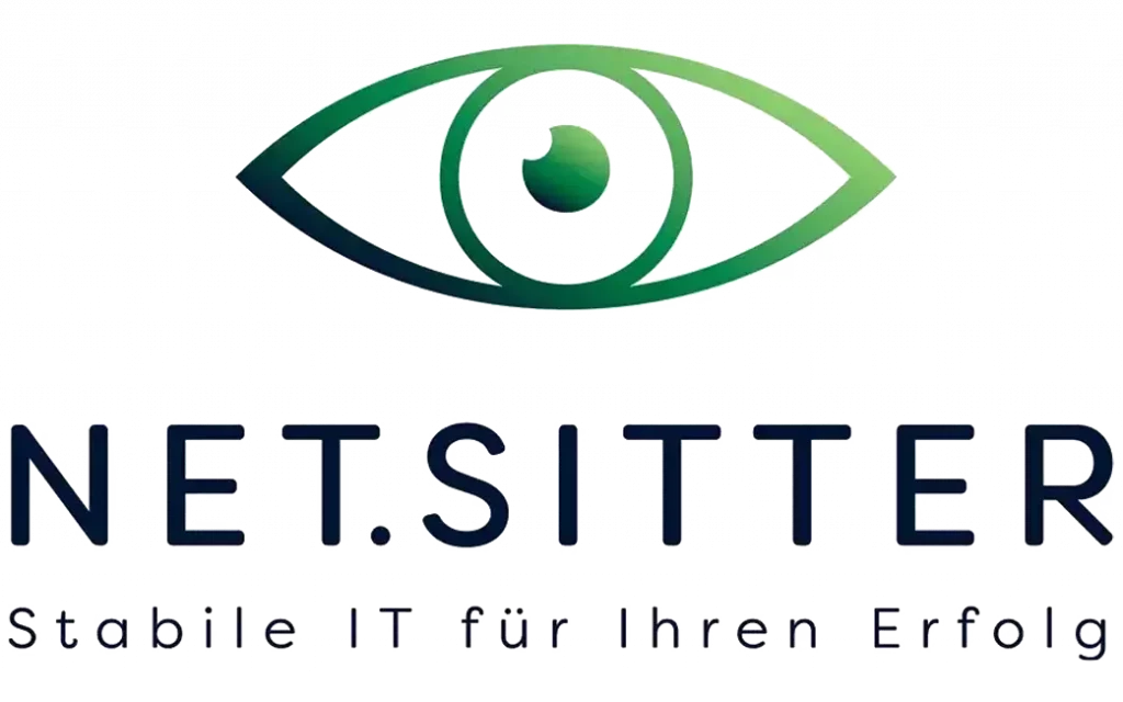 NET.SITTER-Logo: Grünes Auge mit Datenpunkte-Iris über dem Schriftzug „NET.SITTER“, darunter der Claim „Stabile IT für Ihren Erfolg“.