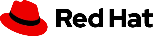 Red Hat-Logo: Roter Fedora-Hut neben schwarzem Schriftzug „Red Hat“.