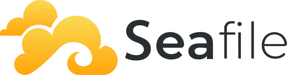Seafile-Logo: Zwei stilisierte, gelb-orangefarbene Wolkensymbole links neben dem grauen Schriftzug „Seafile™“.