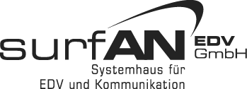 Logo von surfAN EDV GmbH mit schwarzem und grauem Schriftzug sowie der Tagline „Systemhaus für EDV und Kommunikation“
