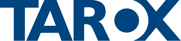 Schriftzug „TAROX“ in dunkelblauer Großbuchstaben-Typografie, Punkt als rot eingefärbtes „O“, darunter der Claim „IT-Technologie made im Ruhrgebiet“.